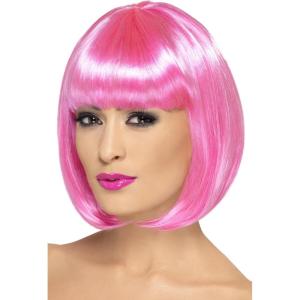 Smiffys Perruque Partyrama, 12 pouces, noire, bob court avec frange Halloween(Rose)