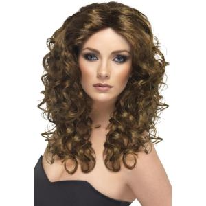 Smiffys Perruque glamour, noire, cheveux longs, bouclés Halloween(Marron)