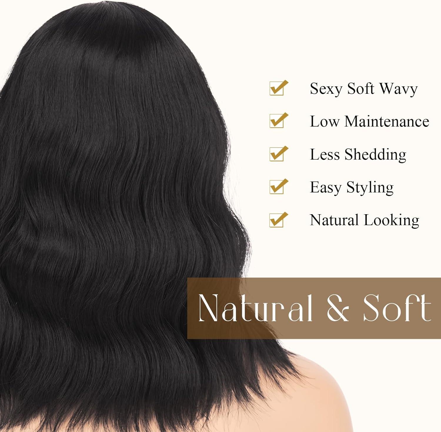 imageFESHFEN Blond Platine Perruque Onduls avec Frange Perruques Bob Nuturelle Longue Cheveux Synthtique Perruque pour Femmes 35cmNoir