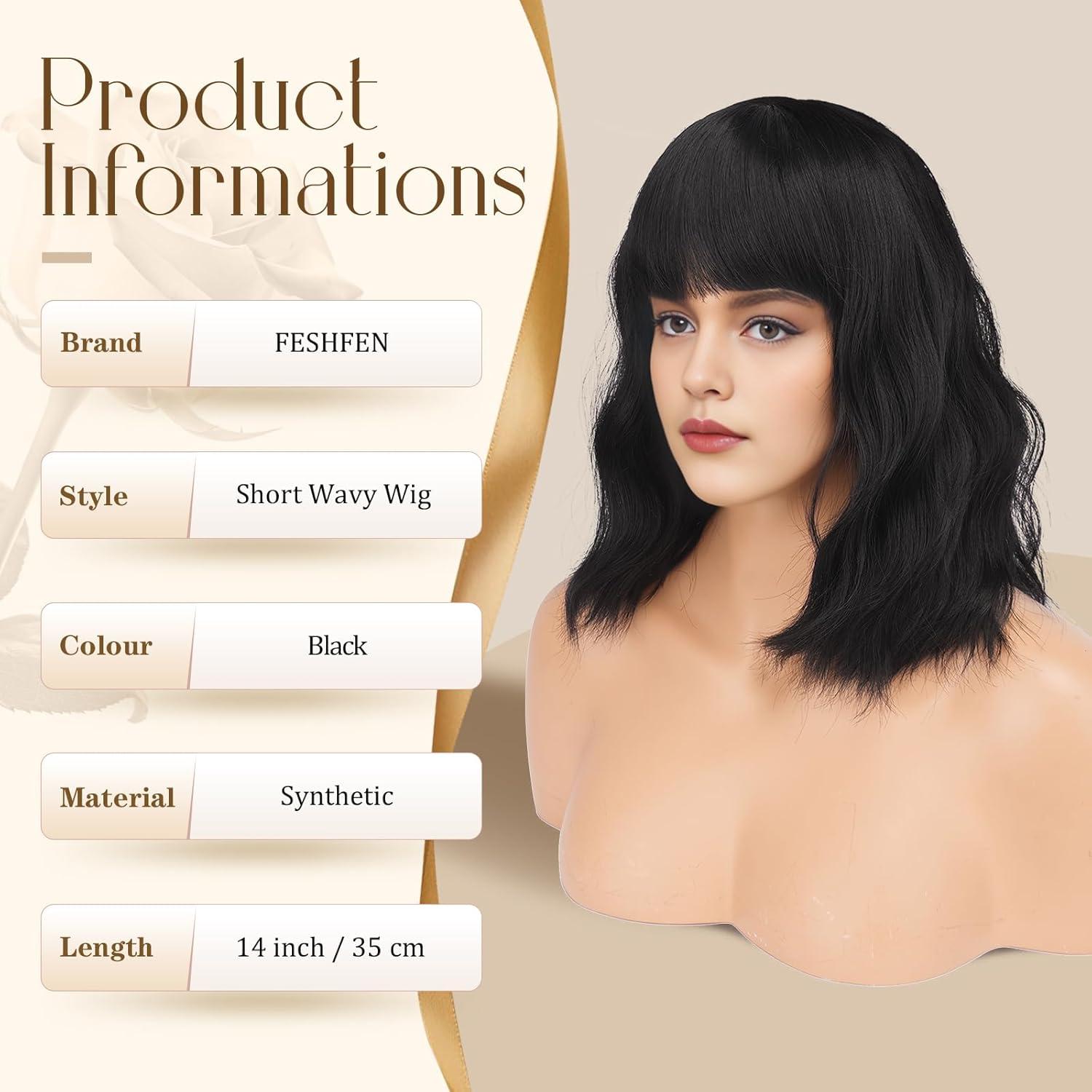 imageFESHFEN Blond Platine Perruque Onduls avec Frange Perruques Bob Nuturelle Longue Cheveux Synthtique Perruque pour Femmes 35cmNoir