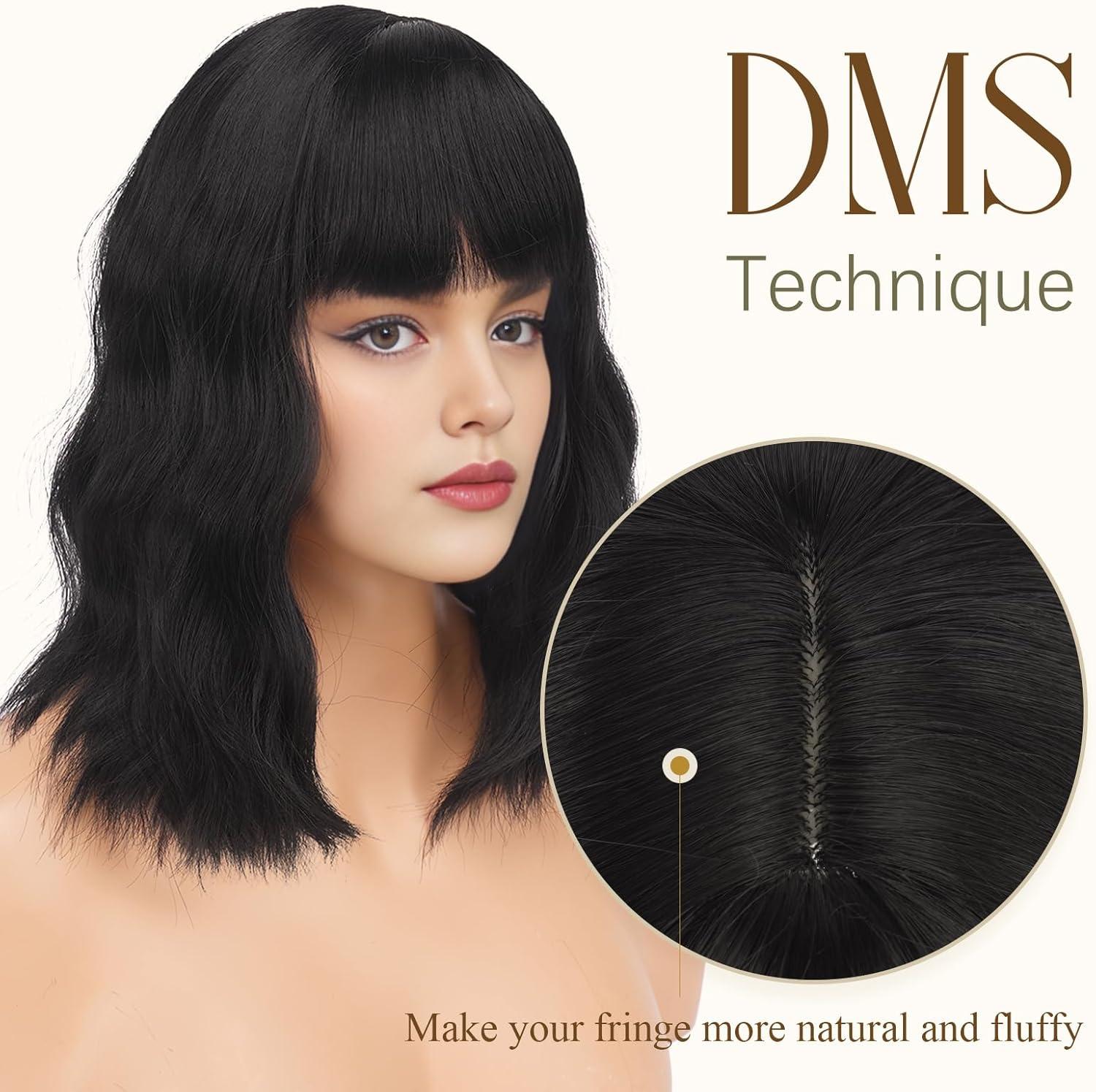 imageFESHFEN Blond Platine Perruque Onduls avec Frange Perruques Bob Nuturelle Longue Cheveux Synthtique Perruque pour Femmes 35cmNoir