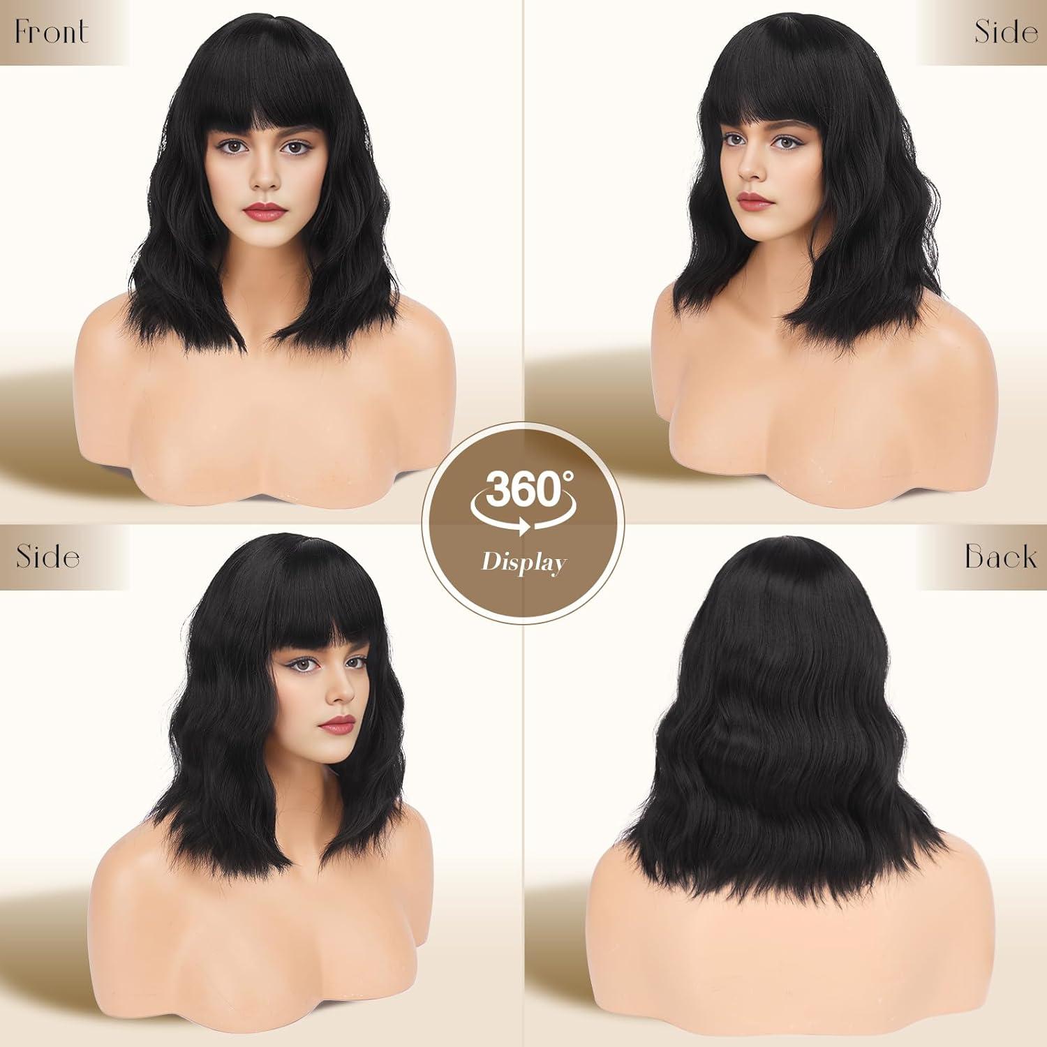 imageFESHFEN Blond Platine Perruque Onduls avec Frange Perruques Bob Nuturelle Longue Cheveux Synthtique Perruque pour Femmes 35cmNoir