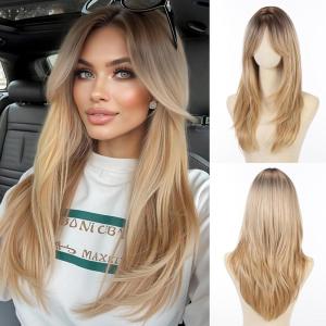 Allbell ondulé blond clair longue perruque avec frange résistant à la chaleur synthétique perruque naturelle pour les femmes Everyday Party Apparel(Blond 259-1)