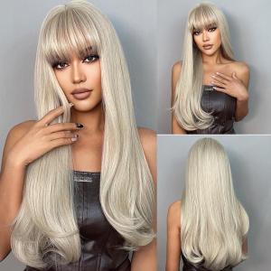 Allbell ondulé blond clair longue perruque avec frange résistant à la chaleur synthétique perruque naturelle pour les femmes Everyday Party Apparel(Blond chaud)