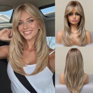 Allbell ondulé blond clair longue perruque avec frange résistant à la chaleur synthétique perruque naturelle pour les femmes Everyday Party Apparel(Blond ombré LC057-1)