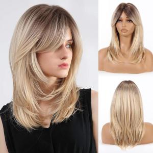 Allbell ondulé blond clair longue perruque avec frange résistant à la chaleur synthétique perruque naturelle pour les femmes Everyday Party Apparel(Blonde sale 242-1)