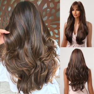 Allbell ondulé blond clair longue perruque avec frange résistant à la chaleur synthétique perruque naturelle pour les femmes Everyday Party Apparel(Brun avec frange)