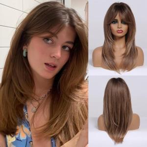 Allbell ondulé blond clair longue perruque avec frange résistant à la chaleur synthétique perruque naturelle pour les femmes Everyday Party Apparel(Brun ombré 259-5)