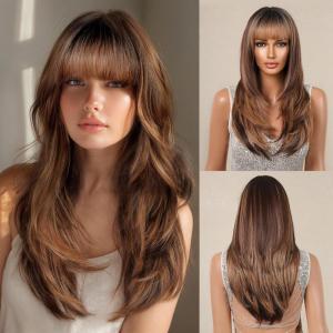 Allbell ondulé blond clair longue perruque avec frange résistant à la chaleur synthétique perruque naturelle pour les femmes Everyday Party Apparel(Marron miel.)