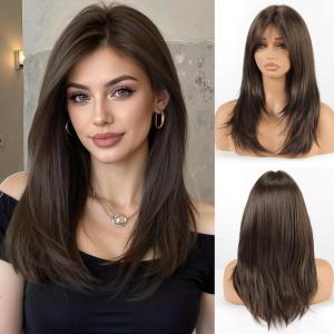 Allbell ondulé blond clair longue perruque avec frange résistant à la chaleur synthétique perruque naturelle pour les femmes Everyday Party Apparel(Marron foncé 242-6)