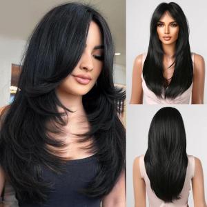 Allbell ondulé blond clair longue perruque avec frange résistant à la chaleur synthétique perruque naturelle pour les femmes Everyday Party Apparel(Noir)