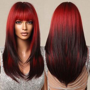 Allbell ondulé blond clair longue perruque avec frange résistant à la chaleur synthétique perruque naturelle pour les femmes Everyday Party Apparel(Noir avec rouge 2120-1)
