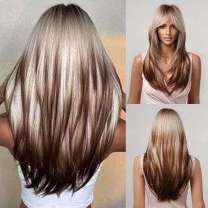 Allbell ondulé blond clair longue perruque avec frange résistant à la chaleur synthétique perruque naturelle pour les femmes Everyday Party Apparel(Ombre Blond Brun)
