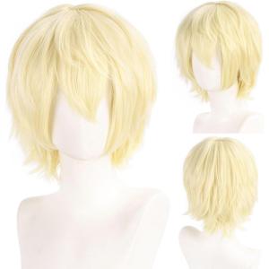 Anime Perruque Blond pour Homme Dames,12 Inch/30 cm Adulte Cosplay Perruque Courte Postiche Droite Perruque avec Frange, Année70 80 Deguisement pour Halloween Quotidienne Fête (Blonde)(Blonde)