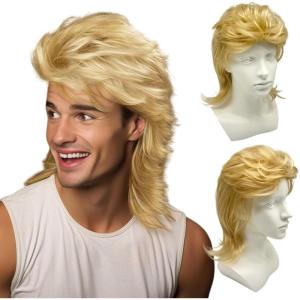 Perruque Mulet Homme des Années 80, Perruque Rock Cheveux Longue Blond, Popstar Rocker Disco 70&rsquo;s Déguisement Homme pour Carnaval Halloween Thème Cosplay (Blond)(Blond)
