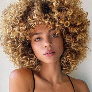 colorfulpanda perruque blonde claire Naturelle afro Bouclée avec frange pour femmes noires court kinky curly cheveux perruque synthétique perruques Volumineuse 14 pouces(Brun blond)