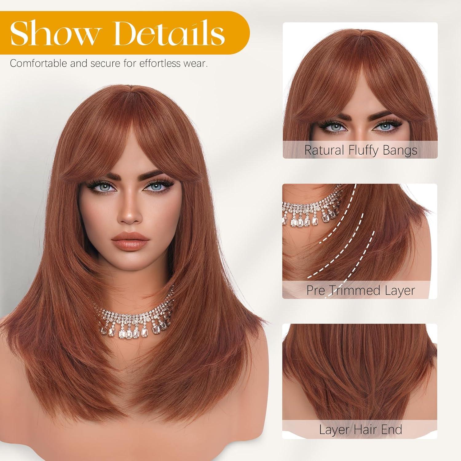 imageSofeiyan Perruque Longue et Droite avec Frange40 cm Blond Clair Perruque Femme Naturelle Cheveux Synthtiques pour les Trajets Quotidiens Ftes festival et CospalyDgrad Orange Marron
