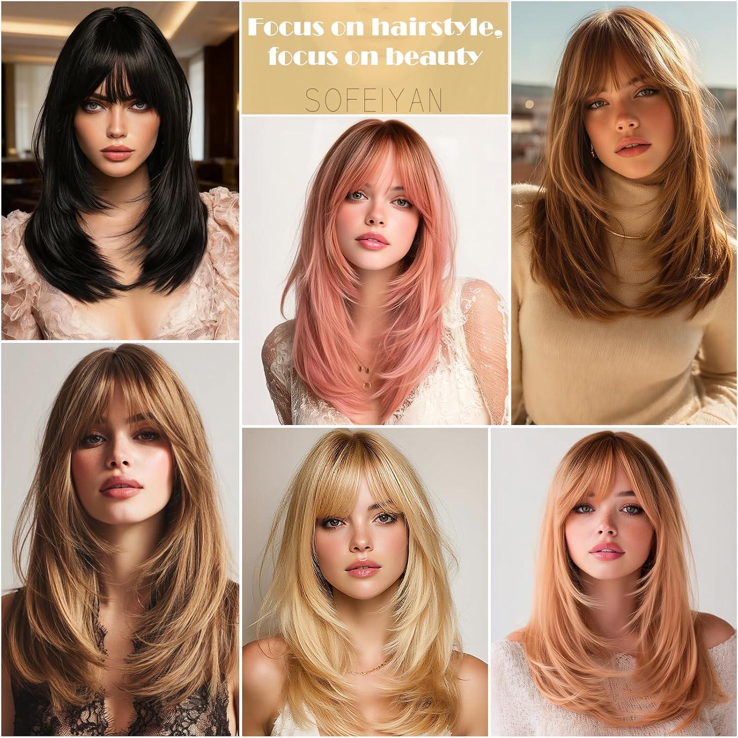 imageSofeiyan Perruque Longue et Droite avec Frange40 cm Blond Clair Perruque Femme Naturelle Cheveux Synthtiques pour les Trajets Quotidiens Ftes festival et CospalyDgrad Orange Marron
