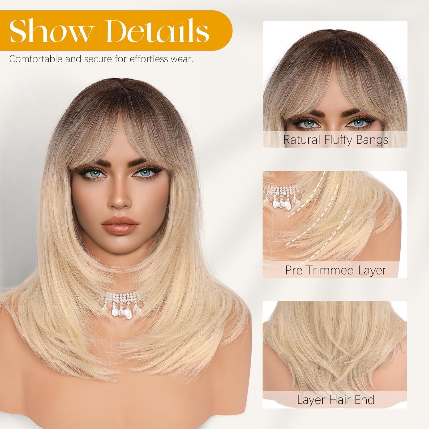 imageSofeiyan Perruque Longue et Droite avec Frange40 cm Blond Clair Perruque Femme Naturelle Cheveux Synthtiques pour les Trajets Quotidiens Ftes festival et CospalyBlonde