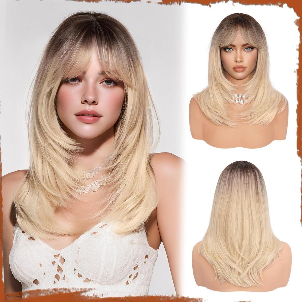 imageSofeiyan Perruque Longue et Droite avec Frange40 cm Blond Clair Perruque Femme Naturelle Cheveux Synthtiques pour les Trajets Quotidiens Ftes festival et CospalyBlonde