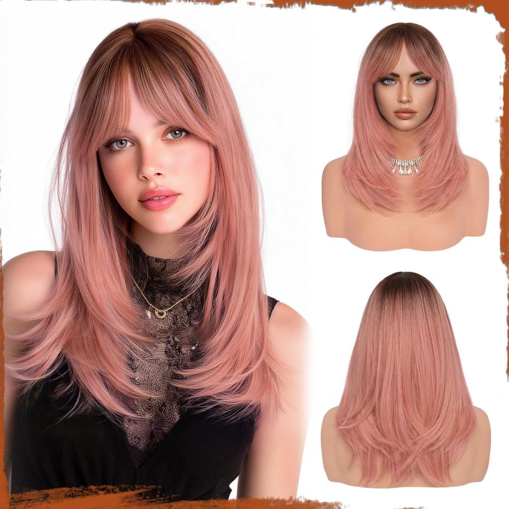 imageSofeiyan Perruque Longue et Droite avec Frange40 cm Blond Clair Perruque Femme Naturelle Cheveux Synthtiques pour les Trajets Quotidiens Ftes festival et CospalyBlonde Rose