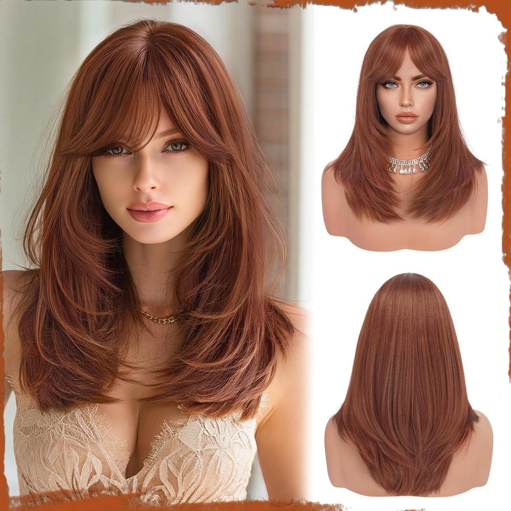 imageSofeiyan Perruque Longue et Droite avec Frange40 cm Blond Clair Perruque Femme Naturelle Cheveux Synthtiques pour les Trajets Quotidiens Ftes festival et CospalyDgrad Orange Marron
