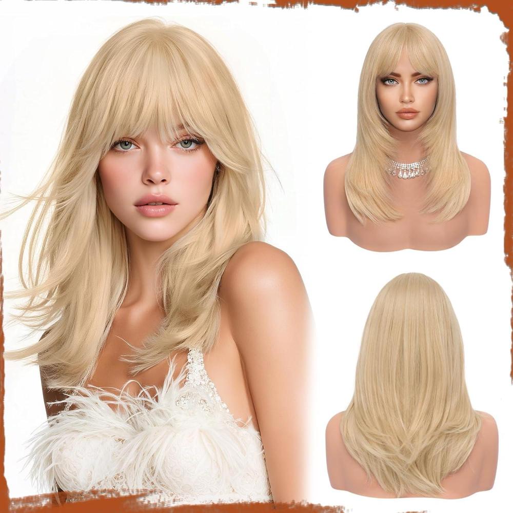 imageSofeiyan Perruque Longue et Droite avec Frange40 cm Blond Clair Perruque Femme Naturelle Cheveux Synthtiques pour les Trajets Quotidiens Ftes festival et CospalyBlond Clair