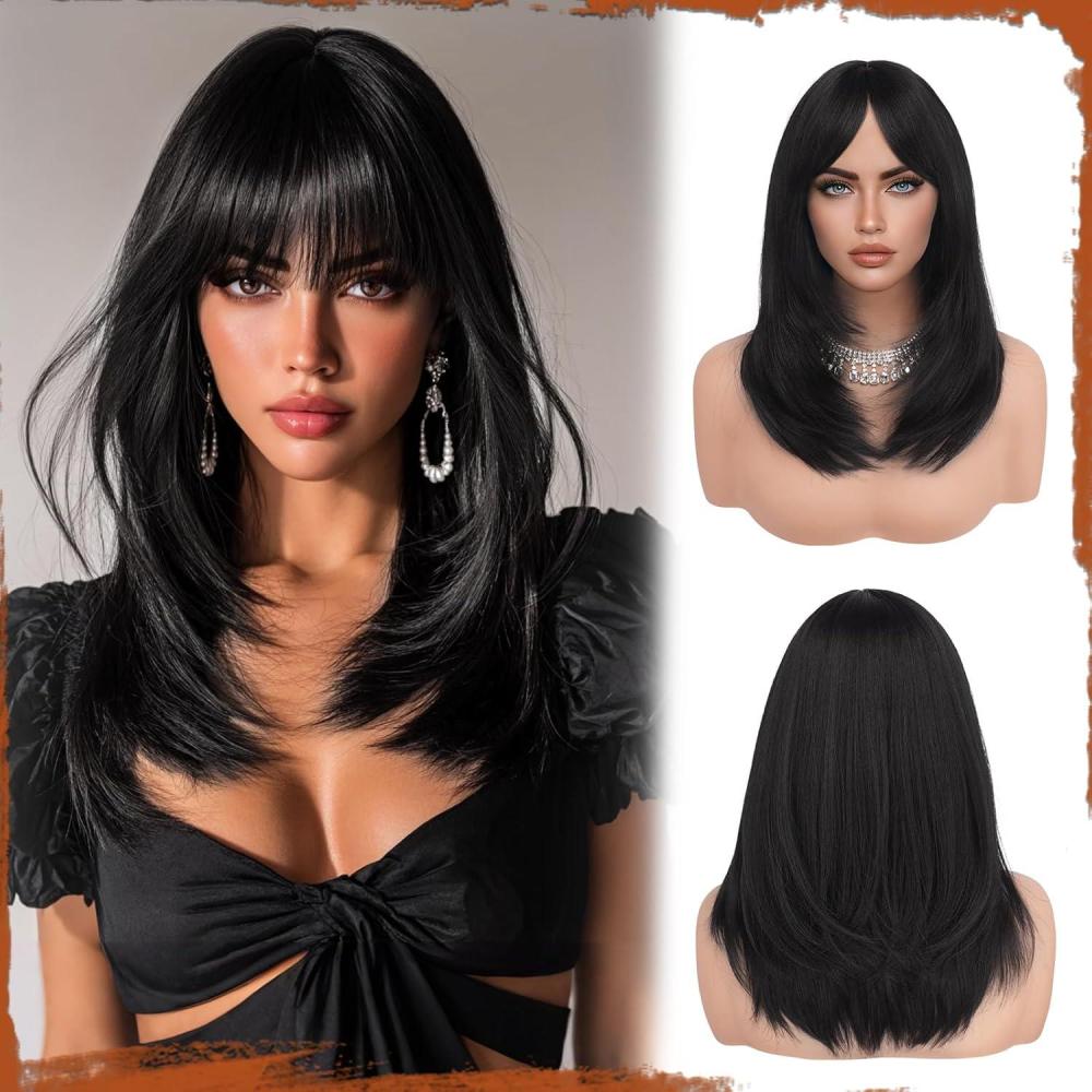 imageSofeiyan Perruque Longue et Droite avec Frange40 cm Blond Clair Perruque Femme Naturelle Cheveux Synthtiques pour les Trajets Quotidiens Ftes festival et CospalyNoir Naturel