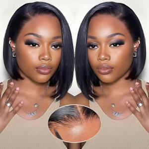10 pouces 613 Blonde Short Bob Wig Cheveux Humains Straight Lace Front Perruque 180 Densité 13×4 HD Lace Front Perruque Bob Wig Pré – épelé des Cheveux de bébé pour Les Femmes(Straight Wig Nature Color)