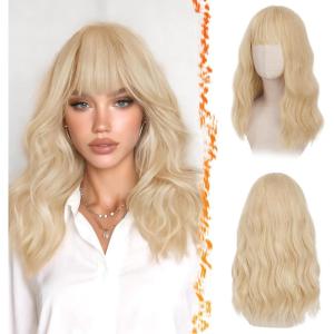BARSDAR 46cm Ondulée Blond Perruque avec Frange, Pastel Moelleuse Perruque avec Frange pour Femmes Bouclée Synthétiques Résistantes à la Chaleur Cheveux Perruques – Blond Clair(Blond Clair)