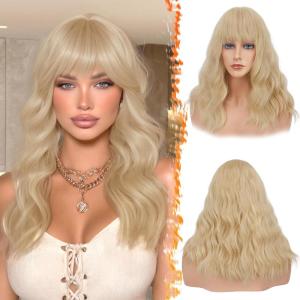 BARSDAR 46cm Ondulée Blond Perruque avec Frange, Pastel Moelleuse Perruque avec Frange pour Femmes Bouclée Synthétiques Résistantes à la Chaleur Cheveux Perruques – Blond Clair(Beige Blond Mixte)