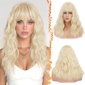 BARSDAR 46cm Ondulée Blond Perruque avec Frange, Pastel Moelleuse Perruque avec Frange pour Femmes Bouclée Synthétiques Résistantes à la Chaleur Cheveux Perruques – Blond Clair(Blond)