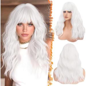 BARSDAR 46cm Ondulée Blond Perruque avec Frange, Pastel Moelleuse Perruque avec Frange pour Femmes Bouclée Synthétiques Résistantes à la Chaleur Cheveux Perruques – Blond Clair(Blanc)