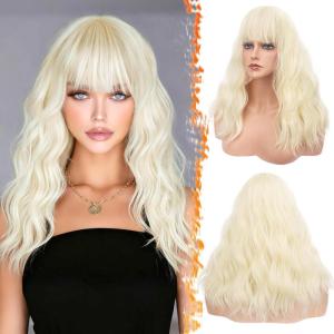 BARSDAR 46cm Ondulée Blond Perruque avec Frange, Pastel Moelleuse Perruque avec Frange pour Femmes Bouclée Synthétiques Résistantes à la Chaleur Cheveux Perruques – Blond Clair(Blond Platine)