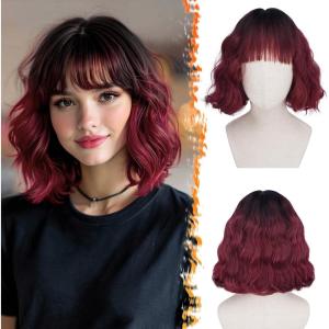 BARSDAR Courte Ondulée Perruque Blond Platine avec Franges, Courte Perruque Bob pour Femmes Bouclée Bob Perruques avec Franges Synthétiques D&rsquo;aspect Naturel Cheveux Perruques Cosplay Utilisation(Noir to Rouge Ombre)