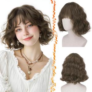 BARSDAR Courte Ondulée Perruque Blond Platine avec Franges, Courte Perruque Bob pour Femmes Bouclée Bob Perruques avec Franges Synthétiques D&rsquo;aspect Naturel Cheveux Perruques Cosplay Utilisation(Mix Brun Clair)
