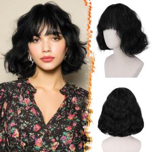 BARSDAR Courte Ondulée Perruque Blond Platine avec Franges, Courte Perruque Bob pour Femmes Bouclée Bob Perruques avec Franges Synthétiques D&rsquo;aspect Naturel Cheveux Perruques Cosplay Utilisation(Noir Naturel)