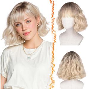 BARSDAR Courte Ondulée Perruque Blond Platine avec Franges, Courte Perruque Bob pour Femmes Bouclée Bob Perruques avec Franges Synthétiques D&rsquo;aspect Naturel Cheveux Perruques Cosplay Utilisation(Blond Ombre)