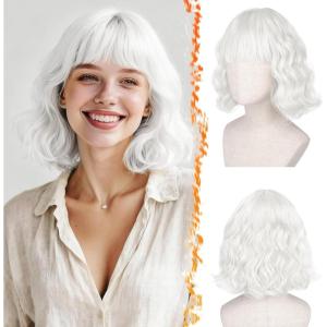 BARSDAR Courte Ondulée Perruque Blond Platine avec Franges, Courte Perruque Bob pour Femmes Bouclée Bob Perruques avec Franges Synthétiques D&rsquo;aspect Naturel Cheveux Perruques Cosplay Utilisation(Blanc)