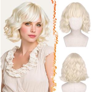 BARSDAR Courte Ondulée Perruque Blond Platine avec Franges, Courte Perruque Bob pour Femmes Bouclée Bob Perruques avec Franges Synthétiques D&rsquo;aspect Naturel Cheveux Perruques Cosplay Utilisation(Blond Platine)