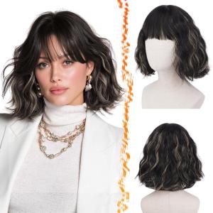 BARSDAR Courte Ondulée Perruque Blond Platine avec Franges, Courte Perruque Bob pour Femmes Bouclée Bob Perruques avec Franges Synthétiques D&rsquo;aspect Naturel Cheveux Perruques Cosplay Utilisation(Noir Mix Blond Highlight)