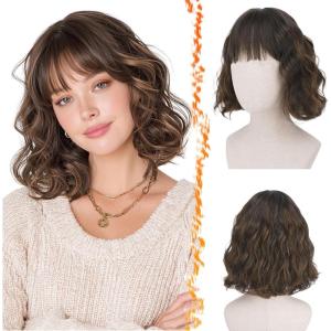 BARSDAR Courte Ondulée Perruque Blond Platine avec Franges, Courte Perruque Bob pour Femmes Bouclée Bob Perruques avec Franges Synthétiques D&rsquo;aspect Naturel Cheveux Perruques Cosplay Utilisation(Mix Brun)