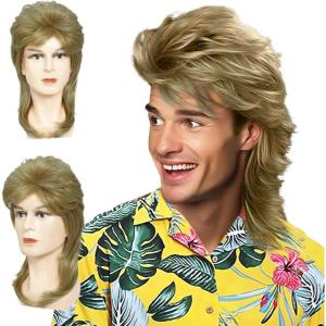 Perruque Mulet Homme Blond Clair, Homme Perruque des Années 80, Longue Bouclée Perruques de Cheveux, 90s Déguisement Perruques Cosplay Party pour Carnaval Halloween (Blond Clair)(Blond Clair)