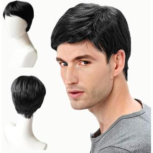 Perruque Homme Naturel Brun Perruque Synthétiques Homme Cheveux Court Perruque de Cosplay Halloween pour Hommes rock star soirée à thème carnaval Costume de fête quotidien (Brun)(Noir)