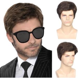 Brun Courte Perruque pour Homme, Postiche Naturelle Moelleuse, Noir Couche Vague Perruques pour Hommes avec Frange Disco Perruque Punk Rock Halloween Cosplay Costume de Fête Quotidien (Brun)(Brun)