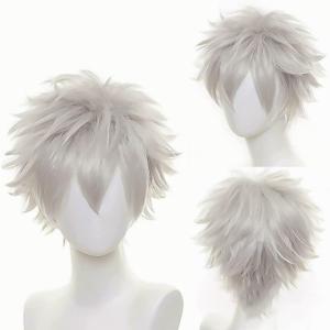 Noir Unisexe Perruque courte bob anime cosplay perruques, Cheveux lisses naturels moelleux pour costume de fête déguisement pour Femmes Hommes Garçons Filles(Gris argenté)