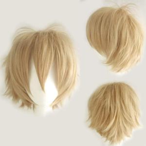 Noir Unisexe Perruque courte bob anime cosplay perruques, Cheveux lisses naturels moelleux pour costume de fête déguisement pour Femmes Hommes Garçons Filles(Blonde)