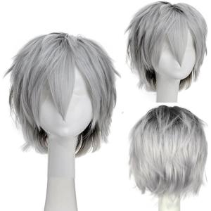 Noir Unisexe Perruque courte bob anime cosplay perruques, Cheveux lisses naturels moelleux pour costume de fête déguisement pour Femmes Hommes Garçons Filles(Grise)