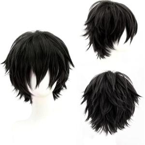 Noir Unisexe Perruque courte bob anime cosplay perruques, Cheveux lisses naturels moelleux pour costume de fête déguisement pour Femmes Hommes Garçons Filles(Noir)