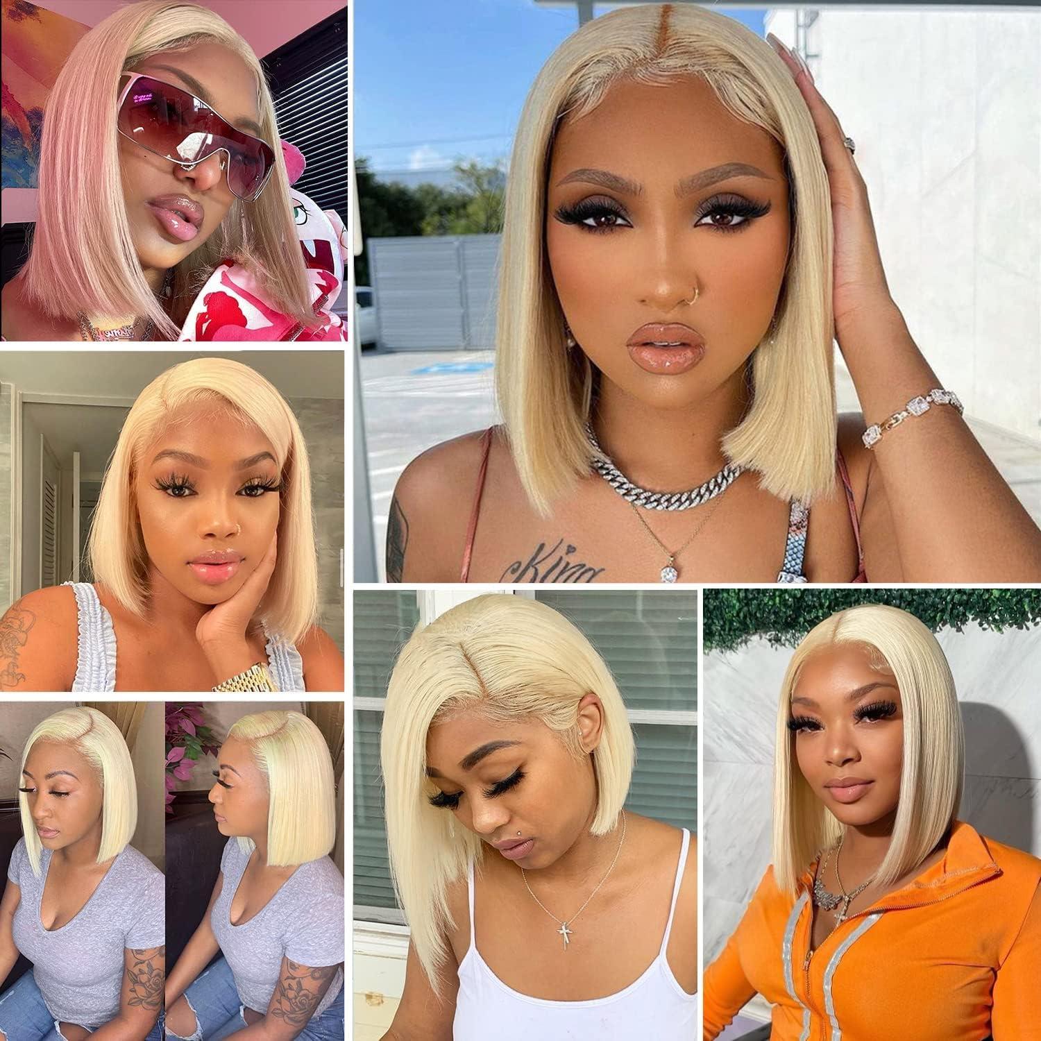 imagePORSMEER Perruque Naturelle Lace Frontal Courte Bob Noir Perruque bresilienne Cheveux 10 Pouces pour les femmes noires Lace WigBlond